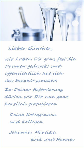 Zu Deiner Beförderung dürfen wir Dir nun ganz herzlich gratulieren.